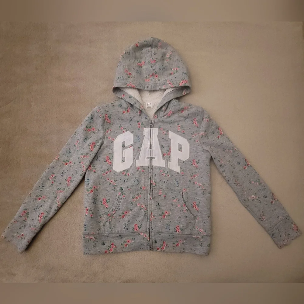 Gap Girl Floral Gray Sherpa Lined Hoodie Size XXL (14-16)
